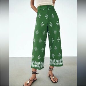Zara Green Linen Blend Embroidered Crop Wide Leg High-Waisted Pants, Size S